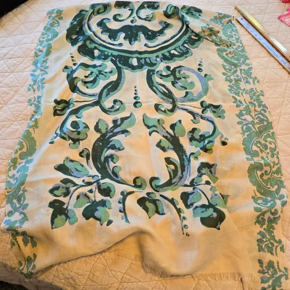 Art Go'den Du'm Silk Wool Blend Scarf Wrap Women's Green Blue Damask Boho Chic